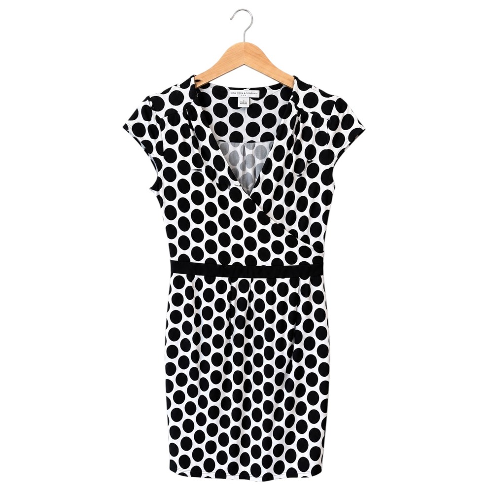 Womens M Black White Polka Dot Faux Wrap Stretch Midi Career Office Business